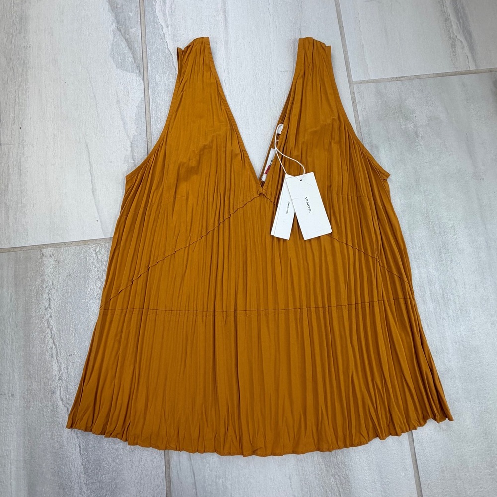 Vince Saffron Pleated V Neck Sleeveless A Line Blouse XS NWT V758112523